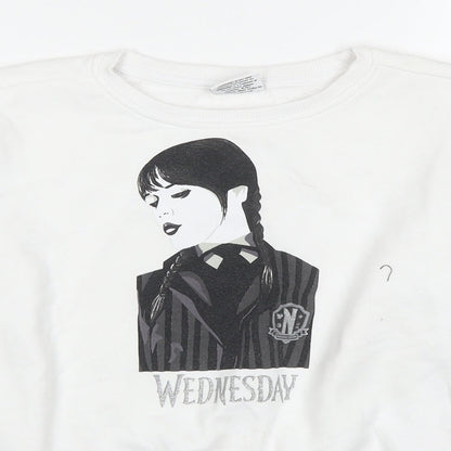 Wednesday Girls White Cotton Pullover Sweatshirt Size 10-11 Years Pullover - Wednesday Addams Family