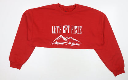 PRETTYLITTLETHING Womens Red Cotton Pullover Hoodie Size L Pullover - Cropped Let's Get Piste Mountains