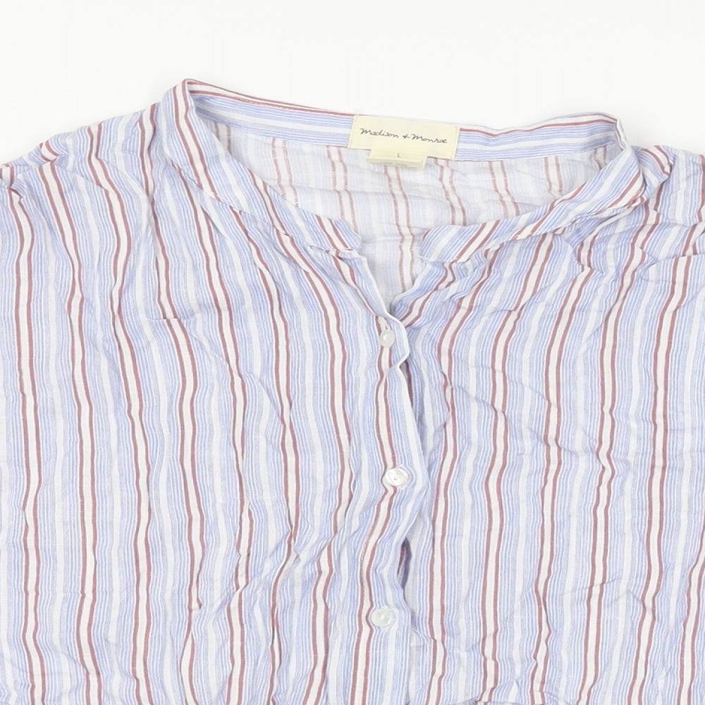 Madison & Monroe Womens Blue Striped Viscose Basic Button-Up Size L Round Neck