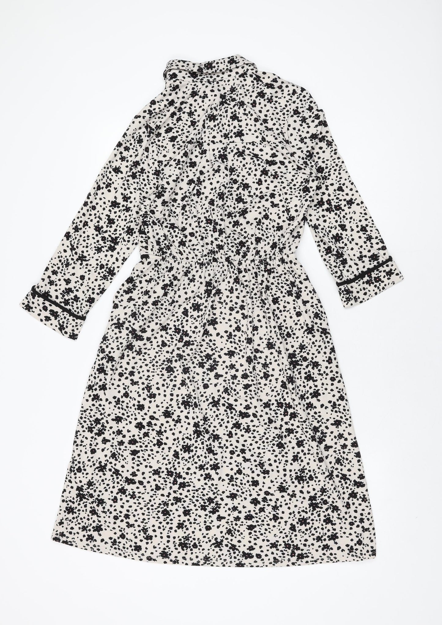 Monteau Womens White Floral Polyester A-Line Size M Collared Button