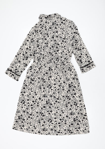 Monteau Womens White Floral Polyester A-Line Size M Collared Button