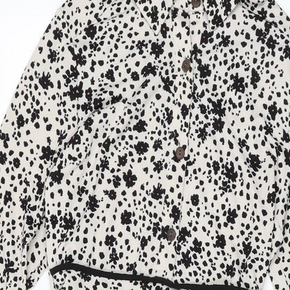 Monteau Womens White Floral Polyester A-Line Size M Collared Button