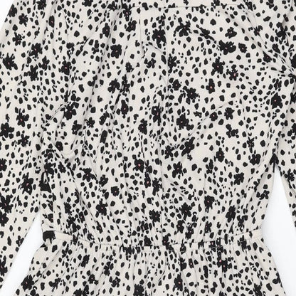 Monteau Womens White Floral Polyester A-Line Size M Collared Button