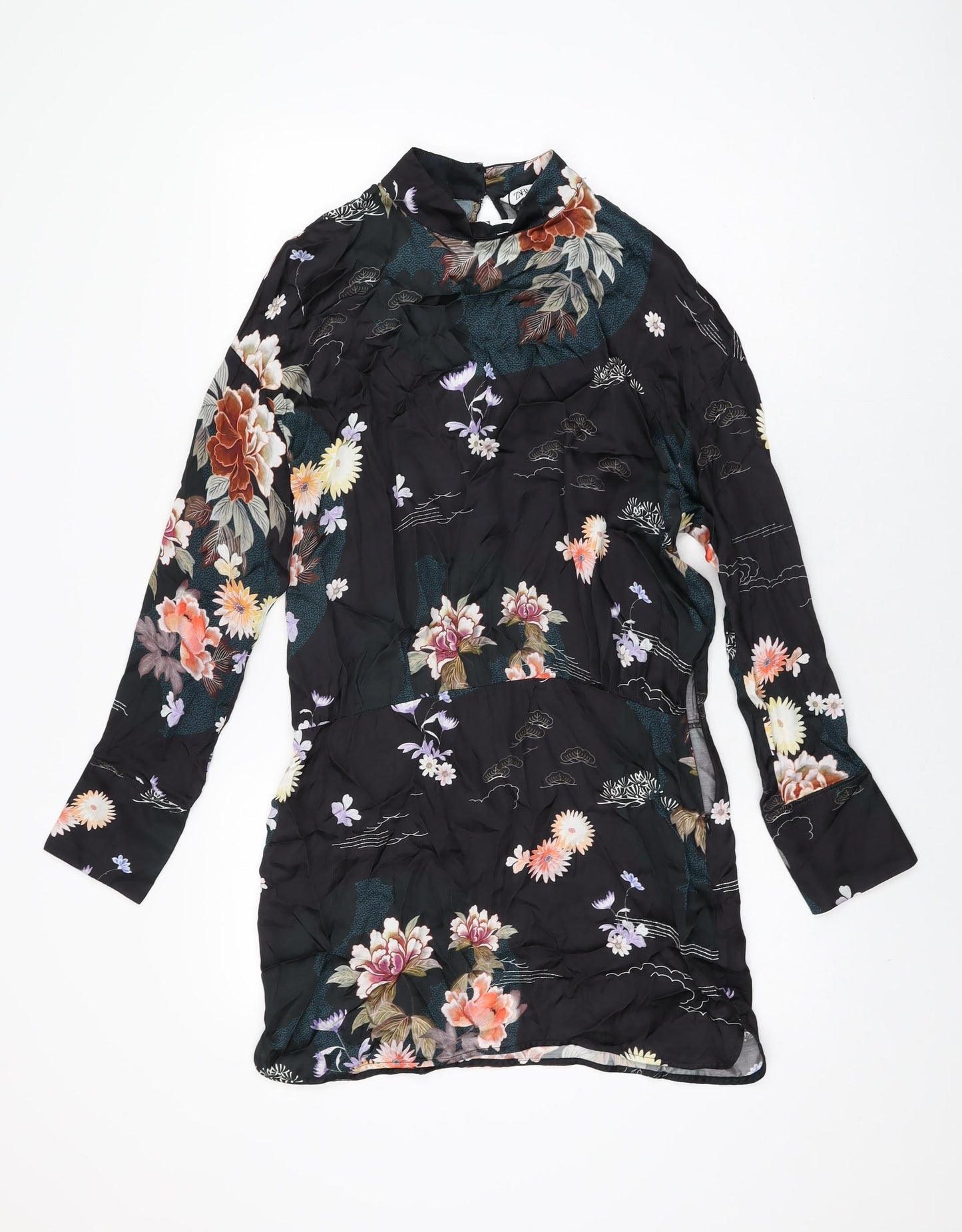 Zara Womens Black Floral Viscose Mini Size M High Neck Button