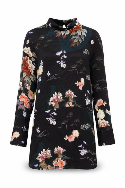 Zara Womens Black Floral Viscose Mini Size M High Neck Button