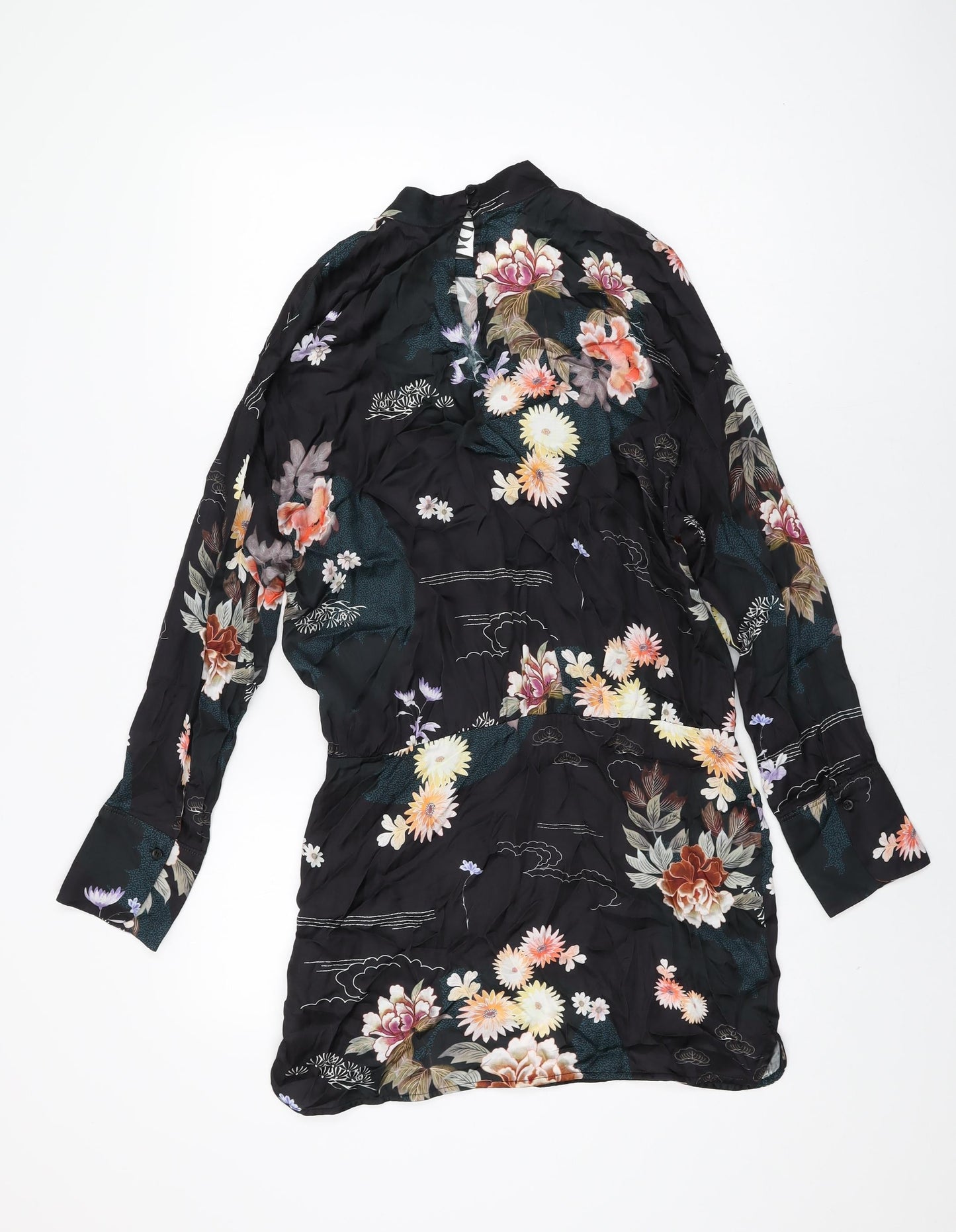 Zara Womens Black Floral Viscose Mini Size M High Neck Button