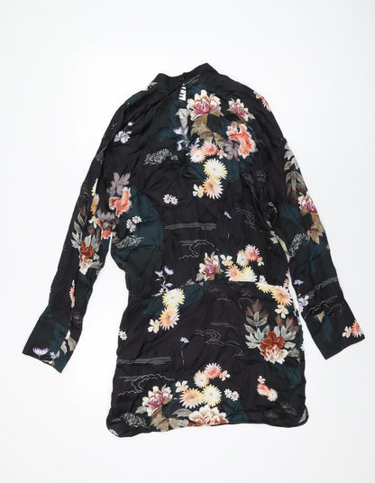 Zara Womens Black Floral Viscose Mini Size M High Neck Button