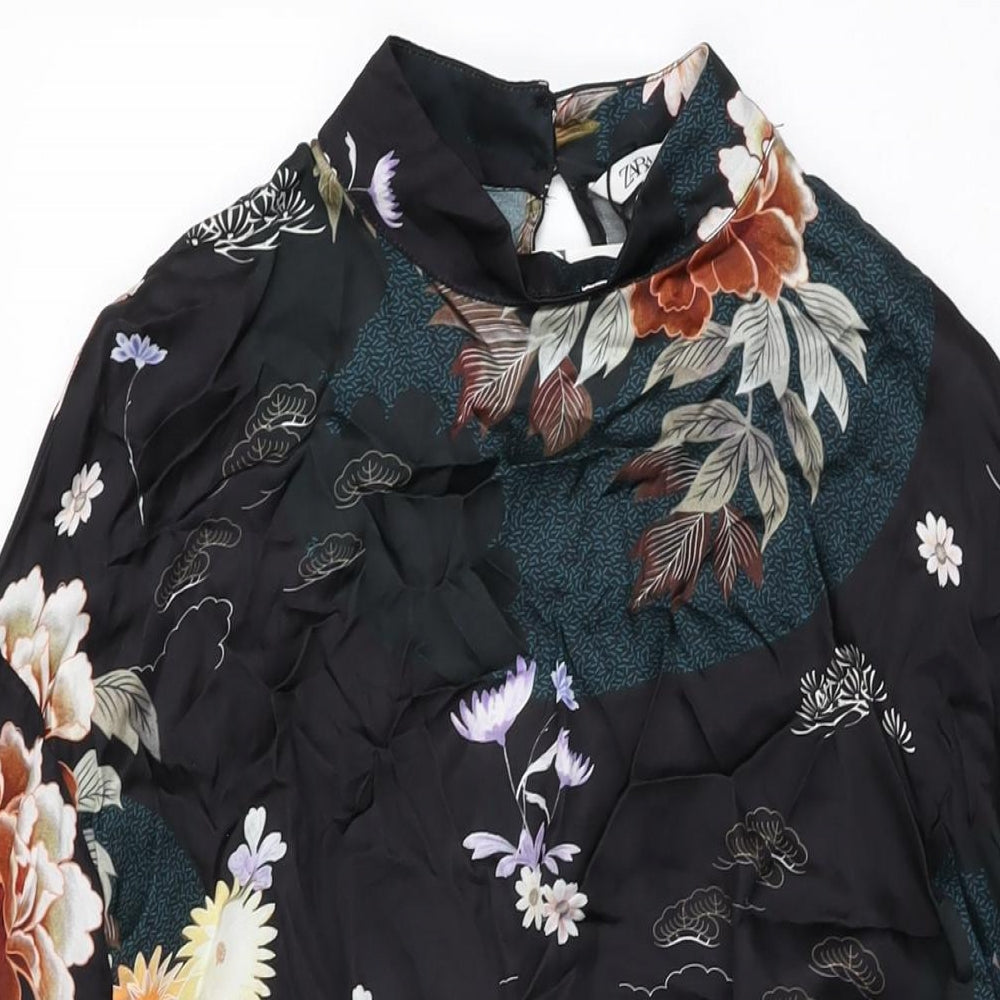 Zara Womens Black Floral Viscose Mini Size M High Neck Button