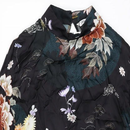 Zara Womens Black Floral Viscose Mini Size M High Neck Button