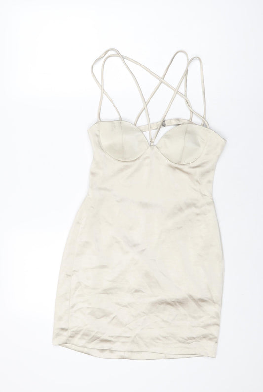 Zara Womens Beige Polyester Mini Size S V-Neck Zip