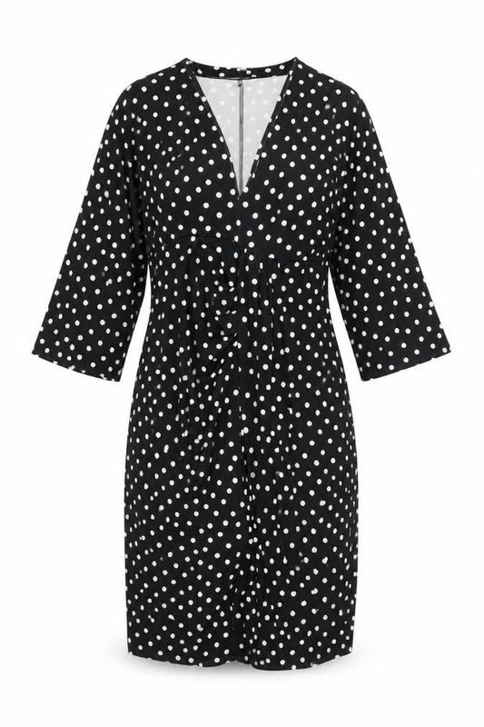 Front view of ASOS women’s black polka dot polyester shift, size UK 12, v-neck pullover