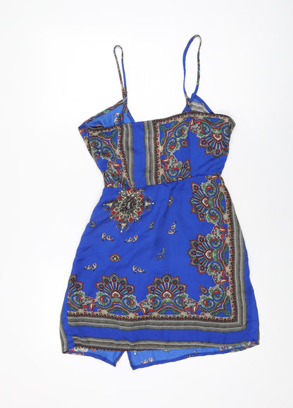 Missguided Womens Blue Geometric Polyester Mini Size 8 V-Neck Zip