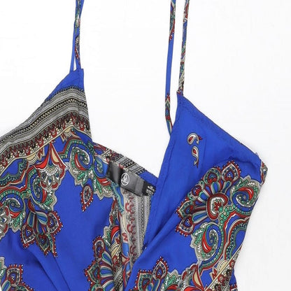 Missguided Womens Blue Geometric Polyester Mini Size 8 V-Neck Zip