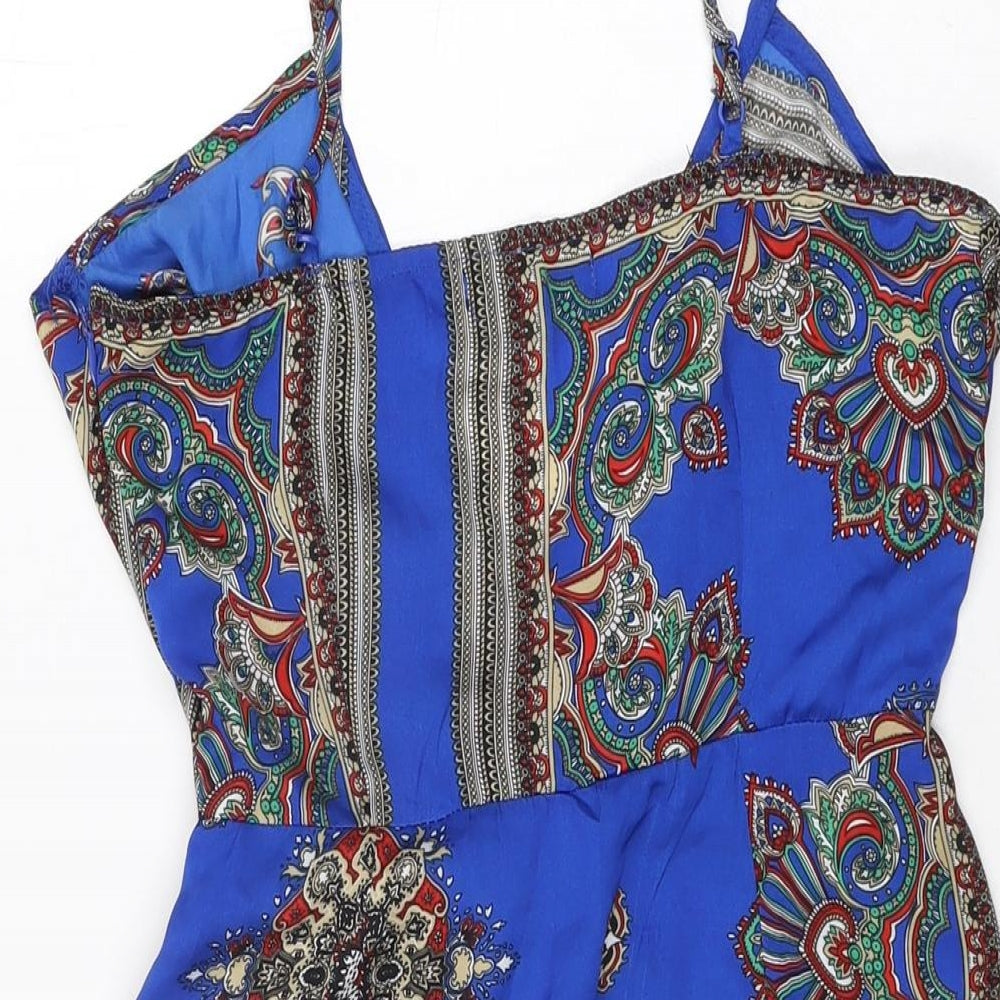 Missguided Womens Blue Geometric Polyester Mini Size 8 V-Neck Zip