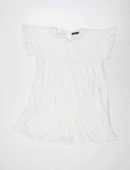 Boohoo Womens White Floral Cotton Shift Size 12 Round Neck Button