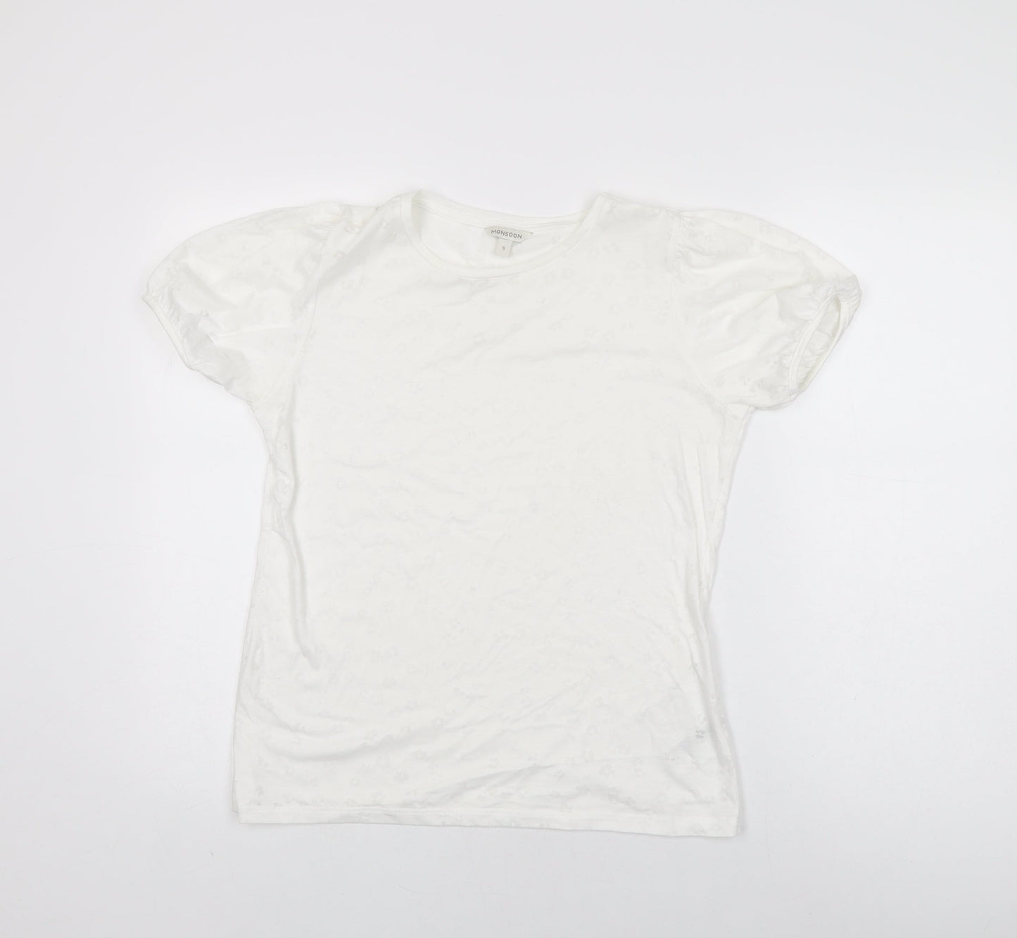 Monsoon Womens White Geometric Polyester Basic T-Shirt Size S Round Neck