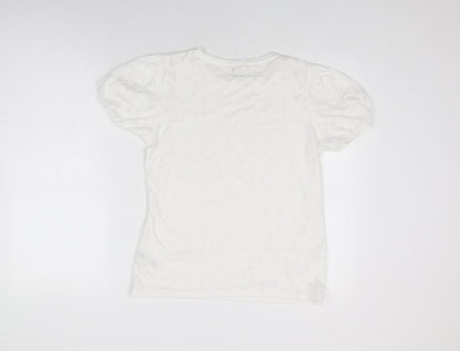 Monsoon Womens White Geometric Polyester Basic T-Shirt Size S Round Neck