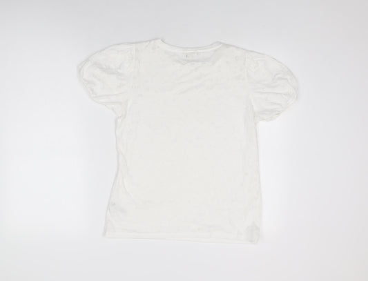 Monsoon Womens White Geometric Polyester Basic T-Shirt Size S Round Neck