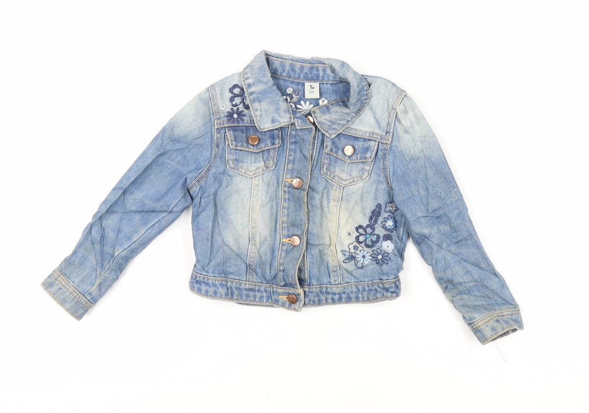 Additional front view of Tu girls’ blue jacket, size 2-3, years button - embroidered