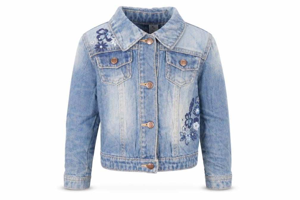 Front view of Tu girls’ blue jacket, size 2-3, years button - embroidered