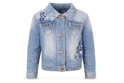 Front view of Tu girls’ blue jacket, size 2-3, years button - embroidered