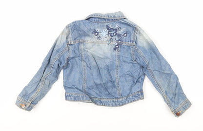 Back view of Tu girls’ blue jacket, size 2-3, years button - embroidered