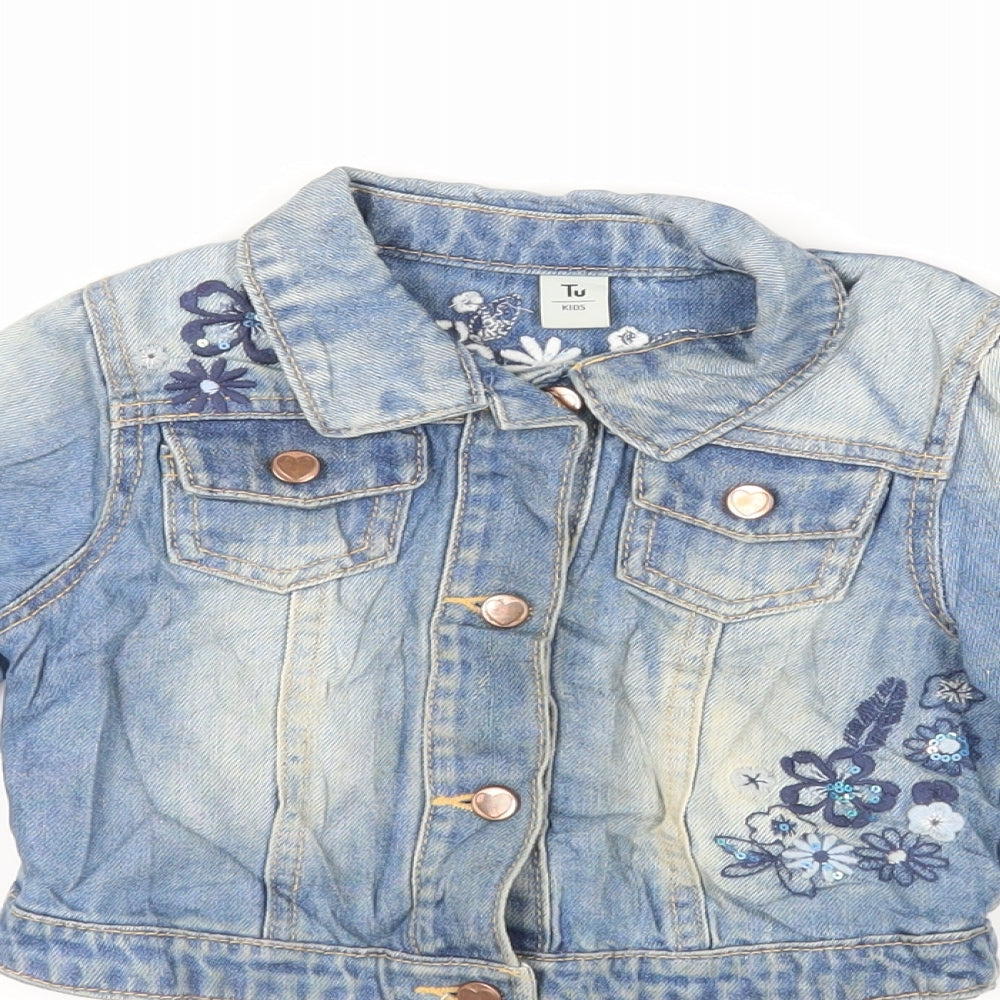 Close-up detail of Tu girls’ blue jacket, size 2-3, years button - embroidered
