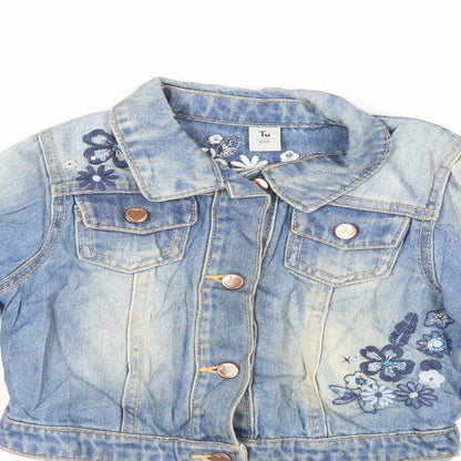 Close-up detail of Tu girls’ blue jacket, size 2-3, years button - embroidered