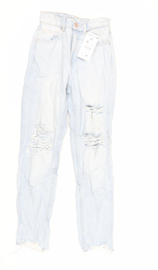 Bershka Womens Blue Cotton Mom Jeans Size 6 L28 in Regular Zip