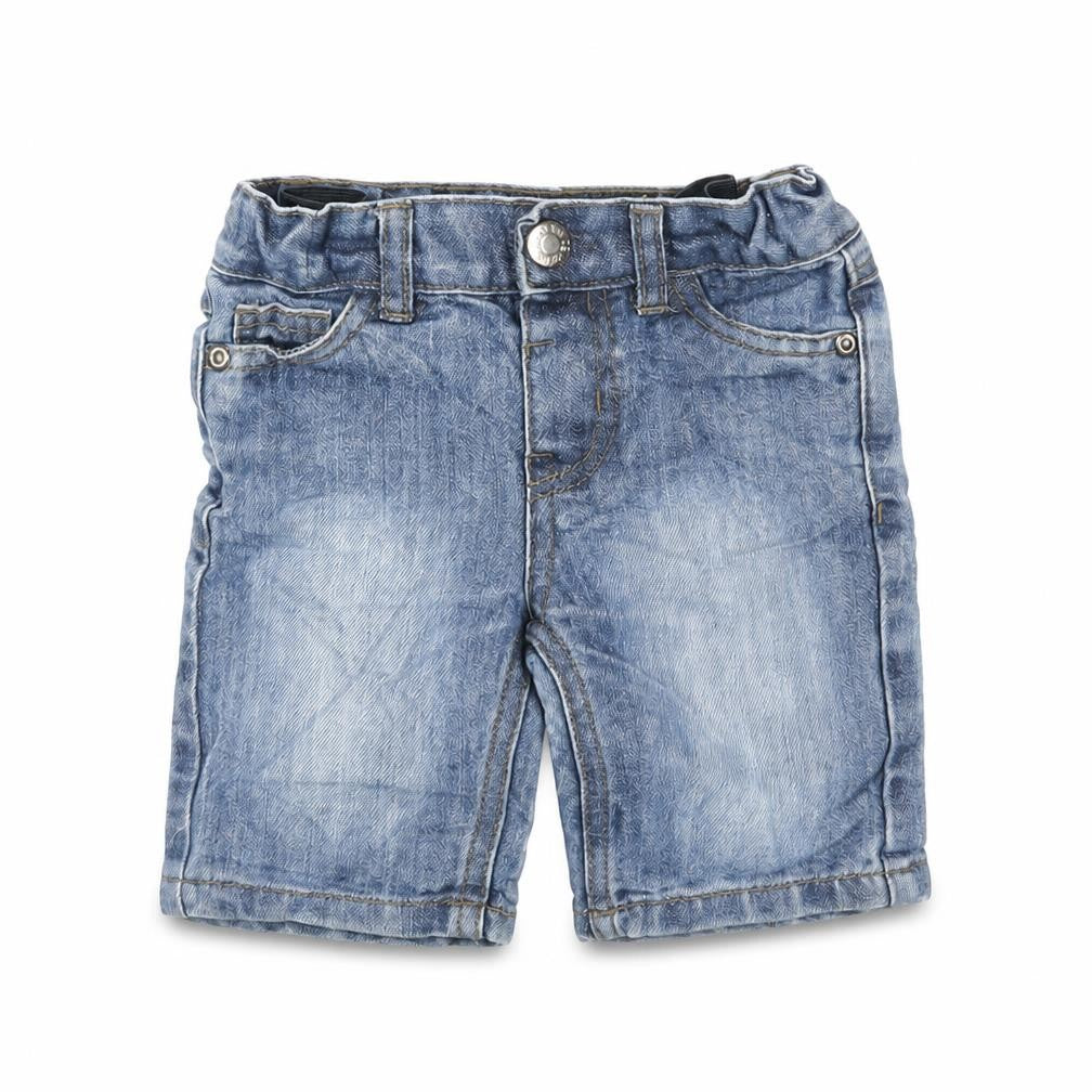 Front view of Denim & Co. boys’ blue cotton chino shorts, size 2, years regular snap - pockets