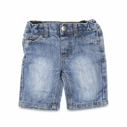 Front view of Denim & Co. boys’ blue cotton chino shorts, size 2, years regular snap - pockets