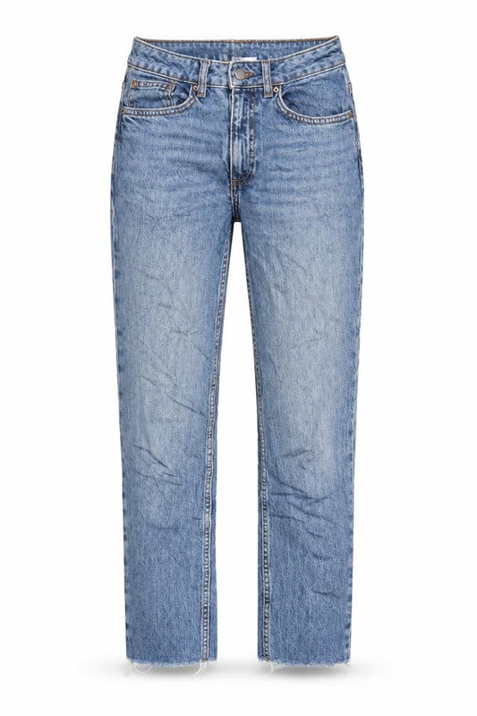 Front view of Denim & Co. women’s blue cotton straight jeans, size UK 8, 27-inch leg regular zip - raw hem