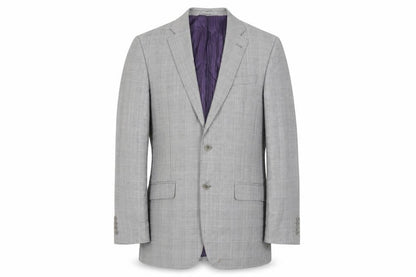 Front view of Savoy Taylors men’s grey plaid wool jacket suit jacket, size 40, regular