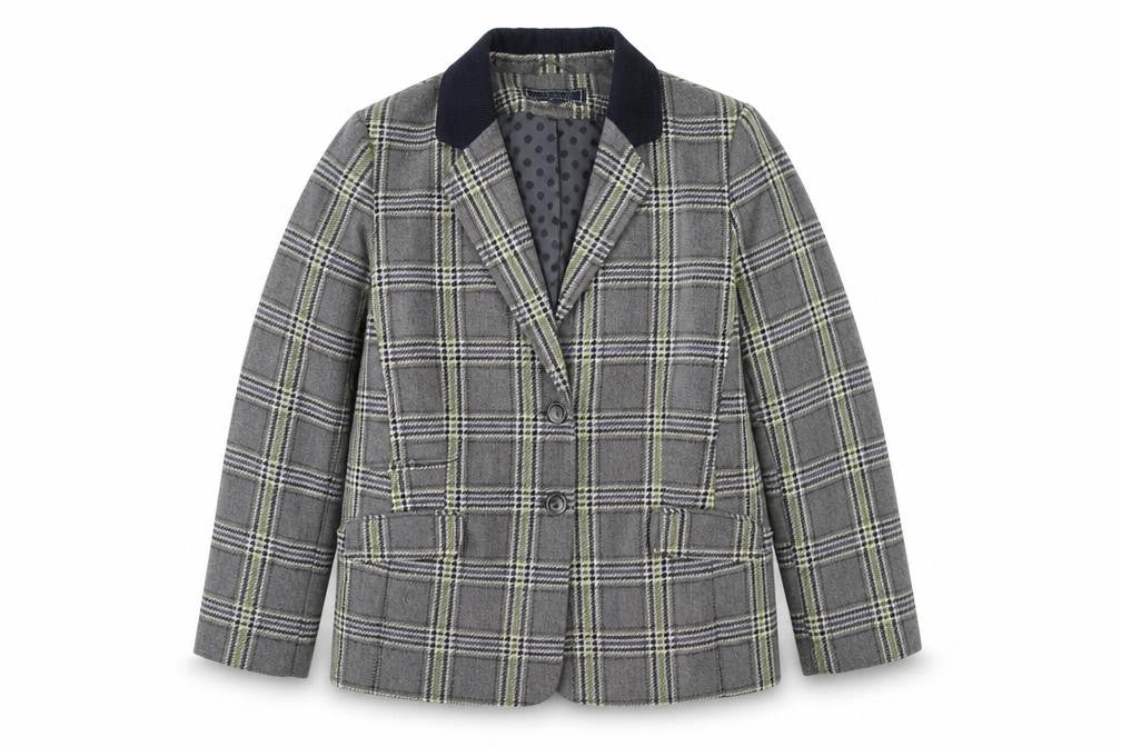 Front view of Maine New England women’s grey plaid polyester jacket blazer, size UK 18
