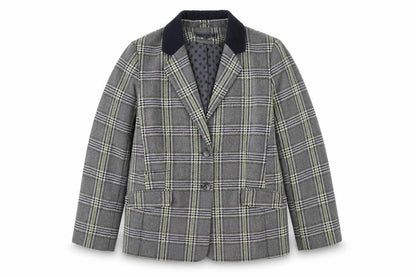 Front view of Maine New England women’s grey plaid polyester jacket blazer, size UK 18