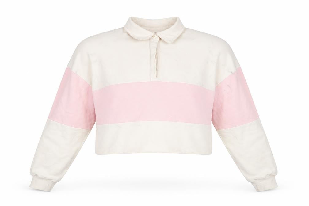 Wednesday's Girl Womens Pink Striped Polyester Cropped T-Shirt Size M Collared