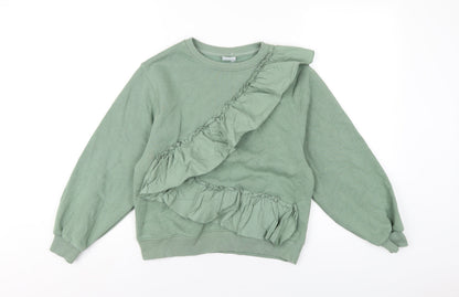 Zara Girls Green Cotton Pullover Sweatshirt Size 11-12 Years Pullover - Ruffle