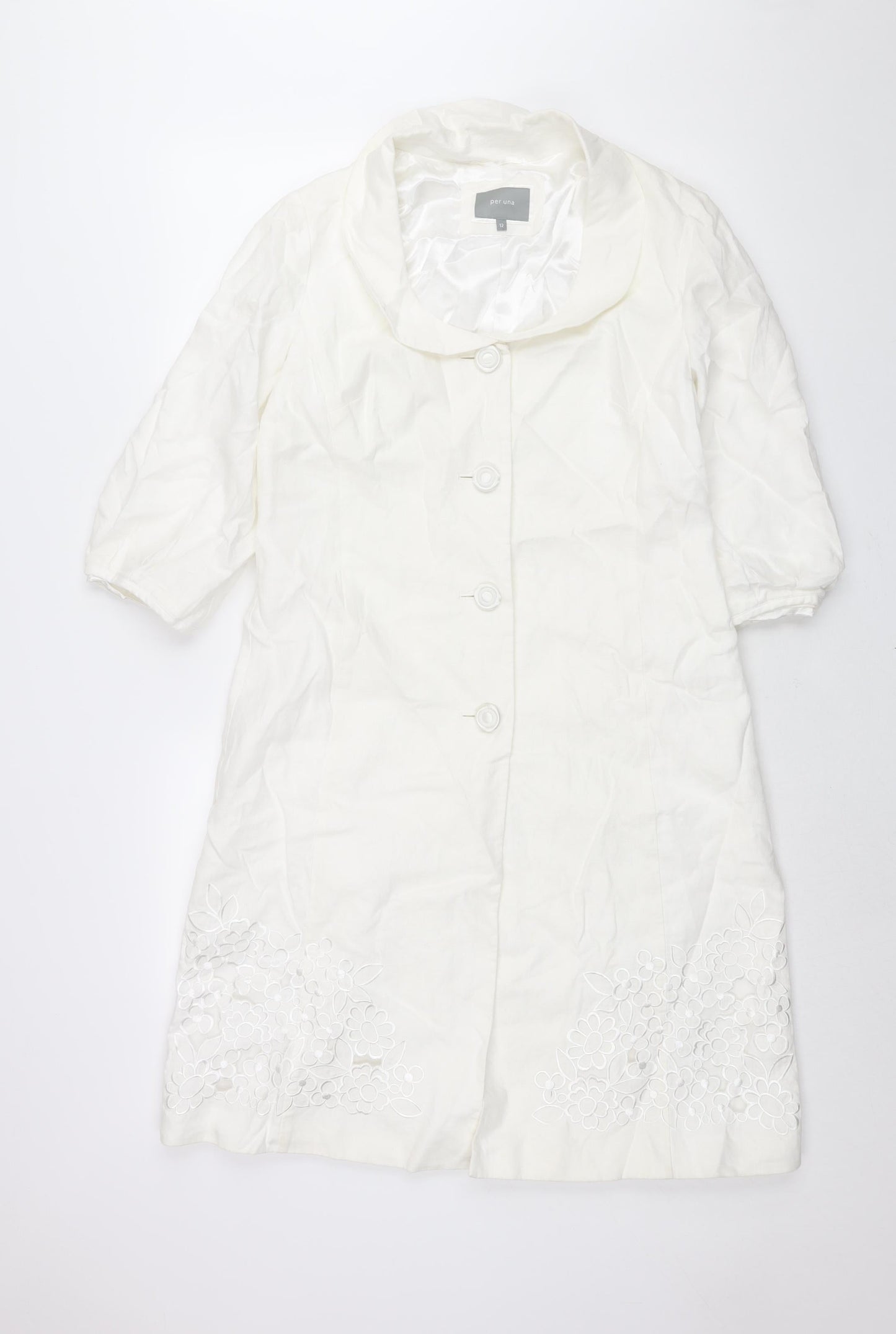 Per Una Womens White Overcoat Coat Size 12 Button - Embroidered Detail