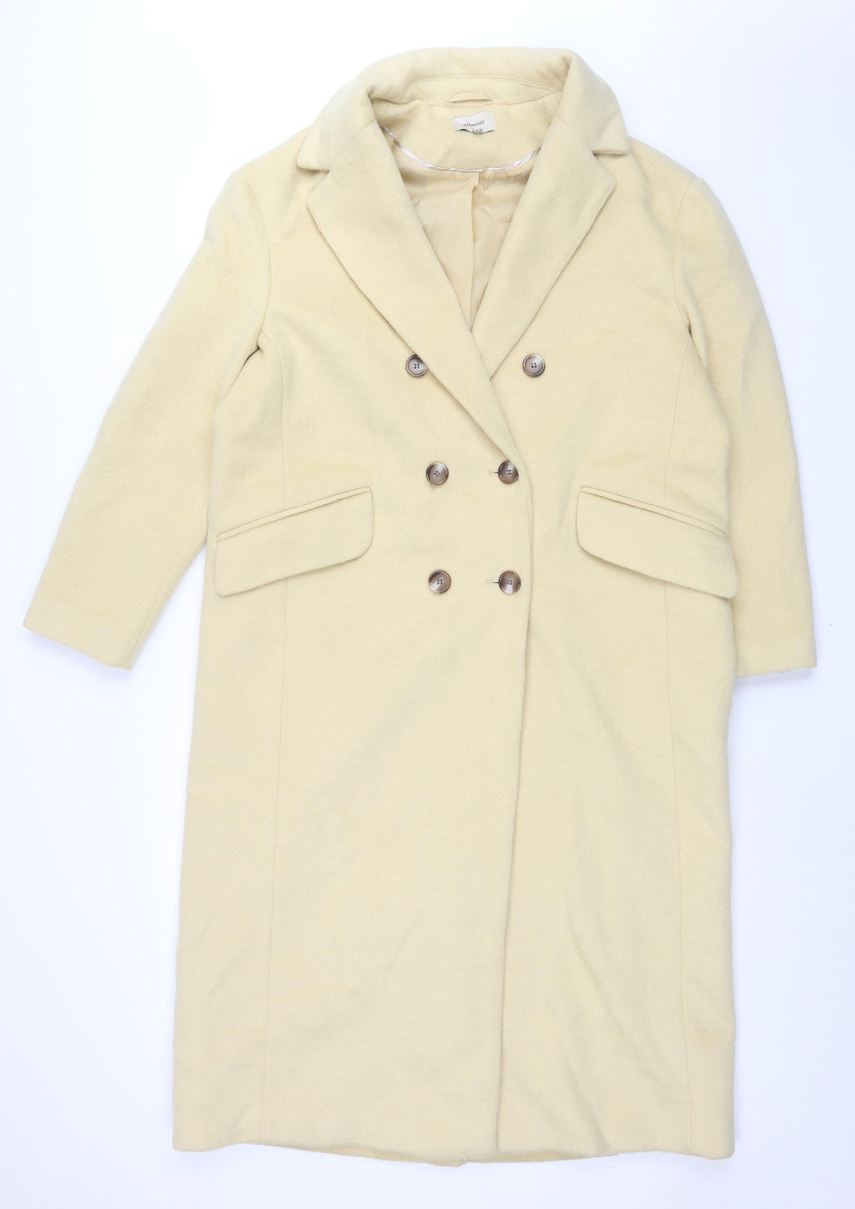 Front view of Albaray women’s yellow overcoat coat, size UK 14, button