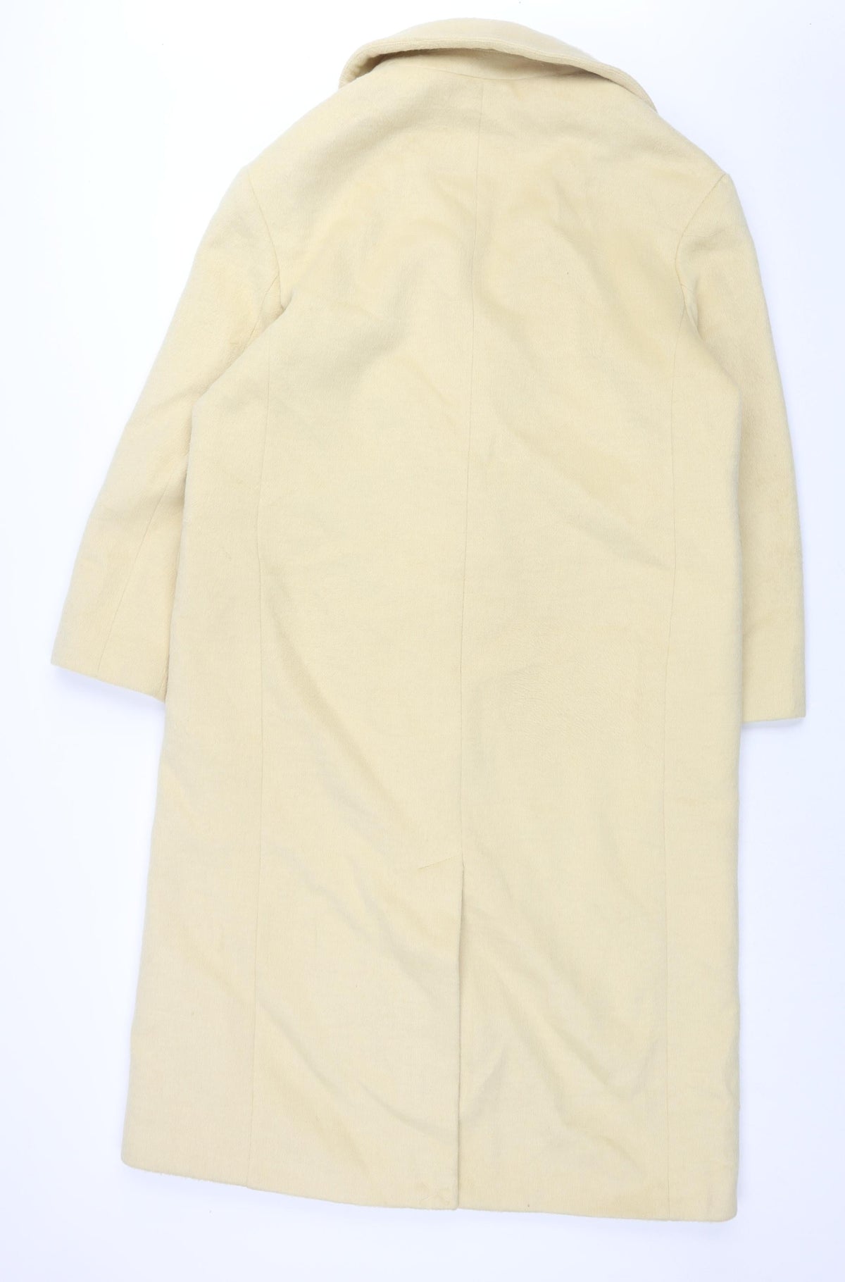 Back view of Albaray women’s yellow overcoat coat, size UK 14, button