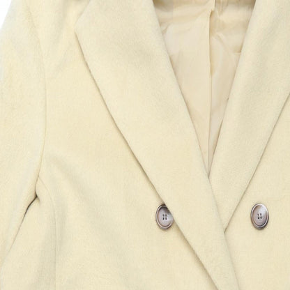 Close-up detail of Albaray women’s yellow overcoat coat, size UK 14, button