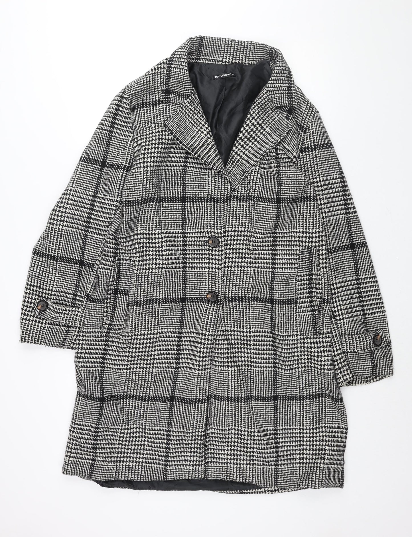 Terranova Womens Black Check Overcoat Coat Size XL Button