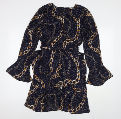 In the Style Womens Blue Polka Dot Polyester A-Line Size 10 V-Neck Zip - Chain Detail