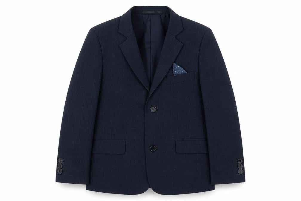 Front view of Cenario boys’ blue jacket blazer, size 7, years button