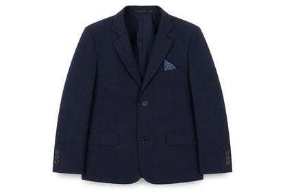 Front view of Cenario boys’ blue jacket blazer, size 7, years button