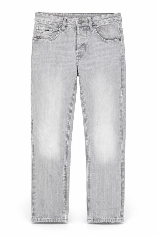 Front view of Easy men’s grey cotton straight jeans, size 30, in, 29-inch leg slim button