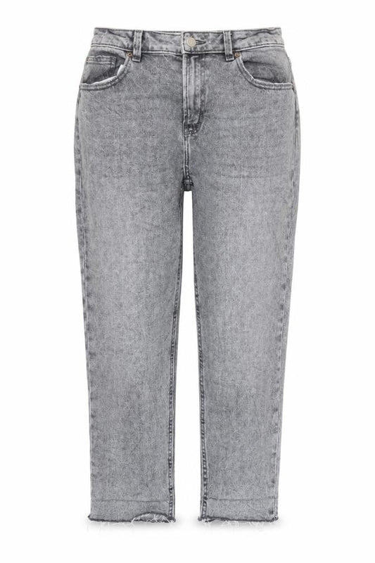 Front view of Denim & Co. women’s grey cotton straight jeans, size UK 14, 26-inch leg regular zip - raw hem