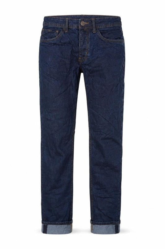 Front view of Denim & Co. men’s blue cotton blend straight jeans, size 30, in, 32-inch leg regular button