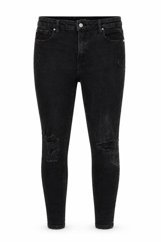 Front view of Denim & Co. women’s grey cotton blend tapered jeans, size UK 16, 26-inch leg regular zip