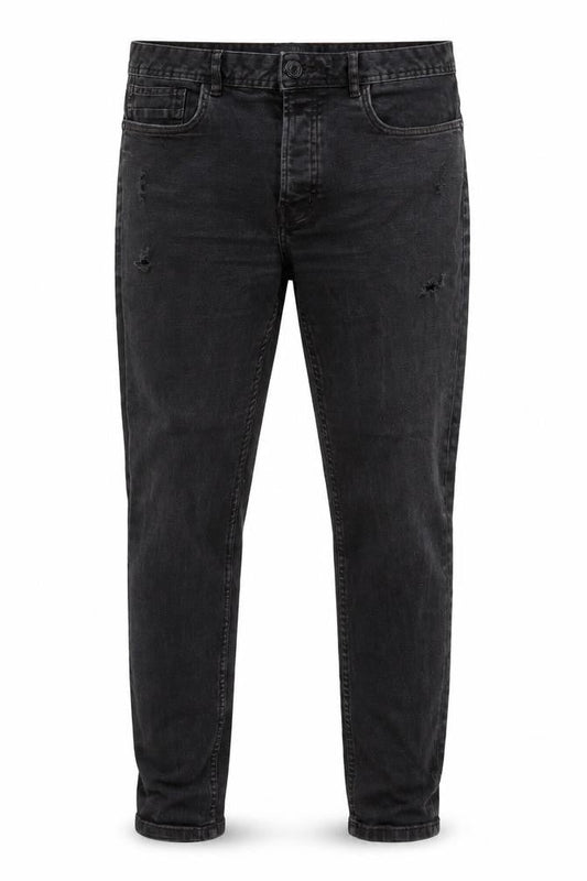 Front view of Denim & Co. men’s grey cotton blend tapered jeans, size 34, in, 30-inch leg regular button
